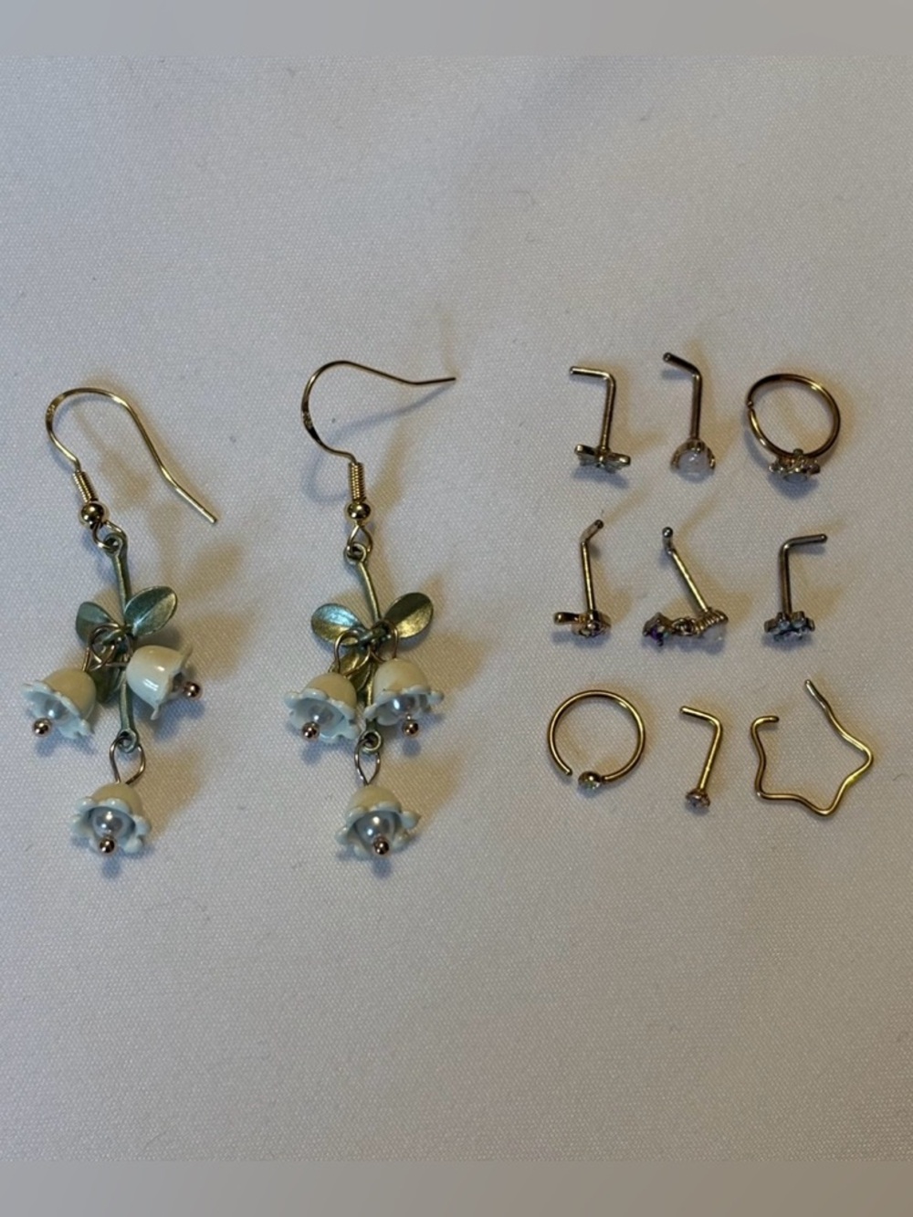 Golden White Flower Drop Earrings - Women Jewelry + Gold 20g Nose Jewelry